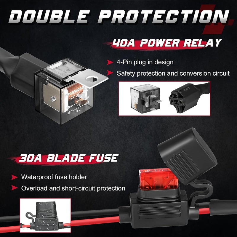 OFFROADTOWN 2 Leads LED Light Bars Wiring Harness Kit w/Motorcycle Handlebar Switch 7/8" 12V 40A Relay Fuse Nylon Wire Harness for ATV Dirt Bike Scooters Motorcycle Lights - Image 3